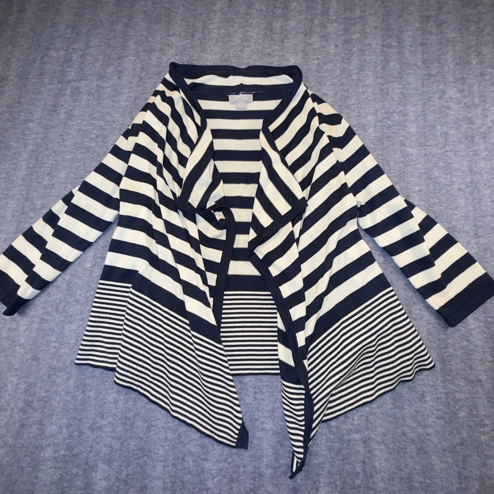 Jana Navy White Striped Open Front Cardigan Sweater Small RN 126194